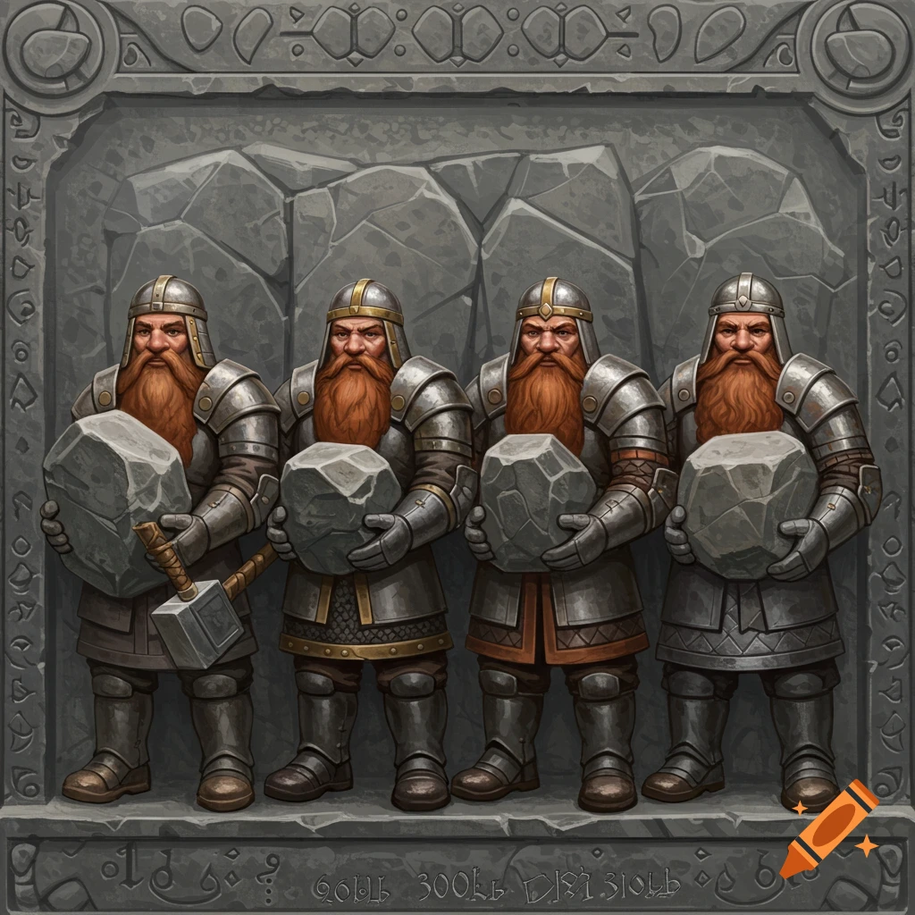 A stone fresco depicting four armored dwarves holding large rocks and a hammer.