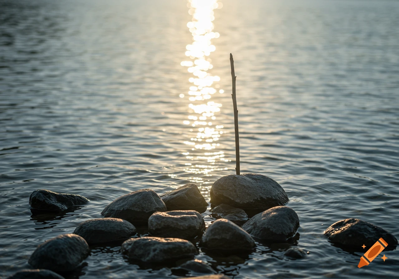 Sunlight reflects on water with rocks and a stick.
