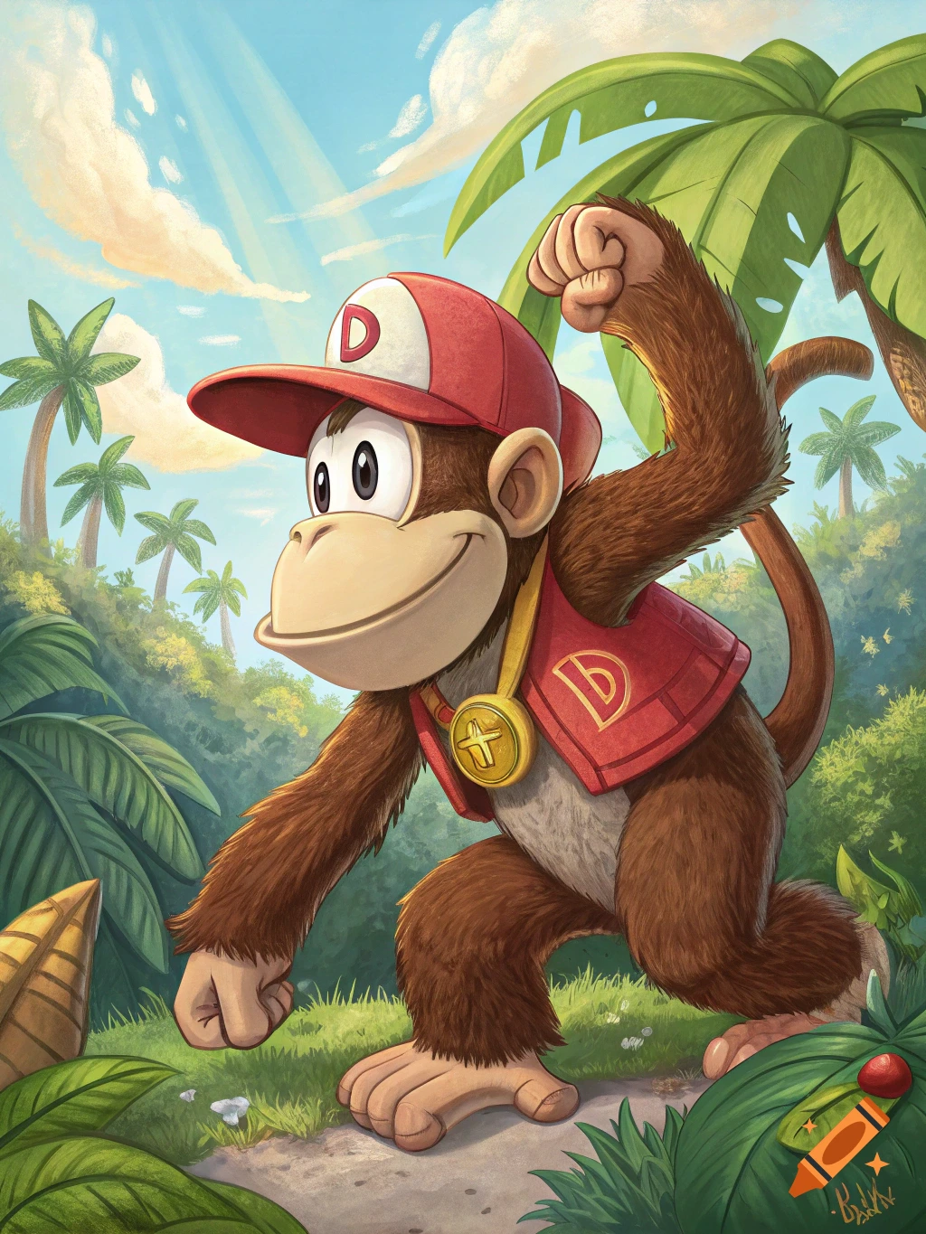 Cartoon monkey in red hat and vest running in a jungle.