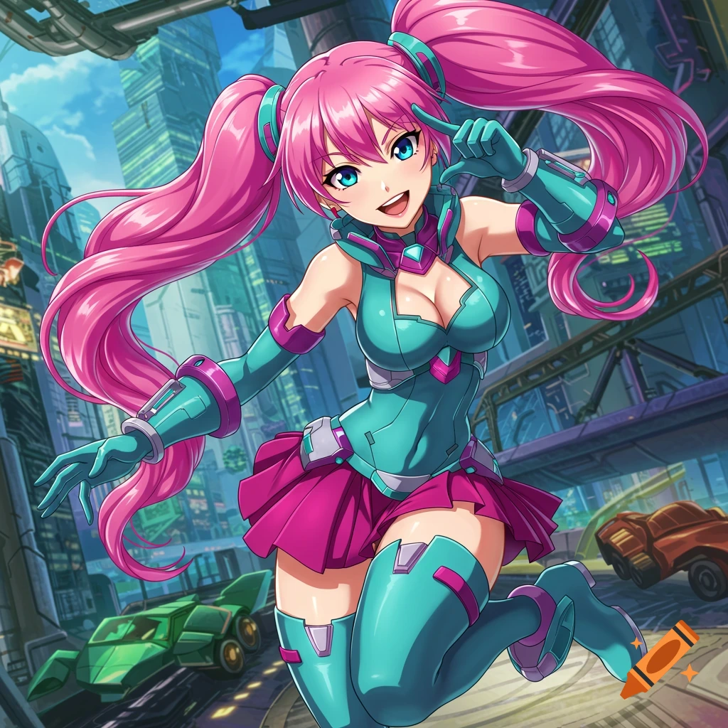 Anime girl with pink pigtails poses in a futuristic city