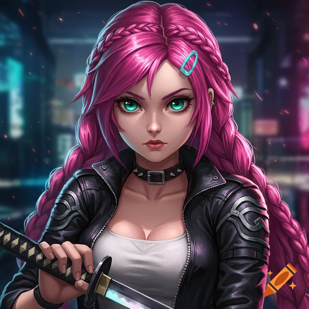 An anime girl with pink braided hair, green eyes, a leather jacket, and a sword stands in a city street
