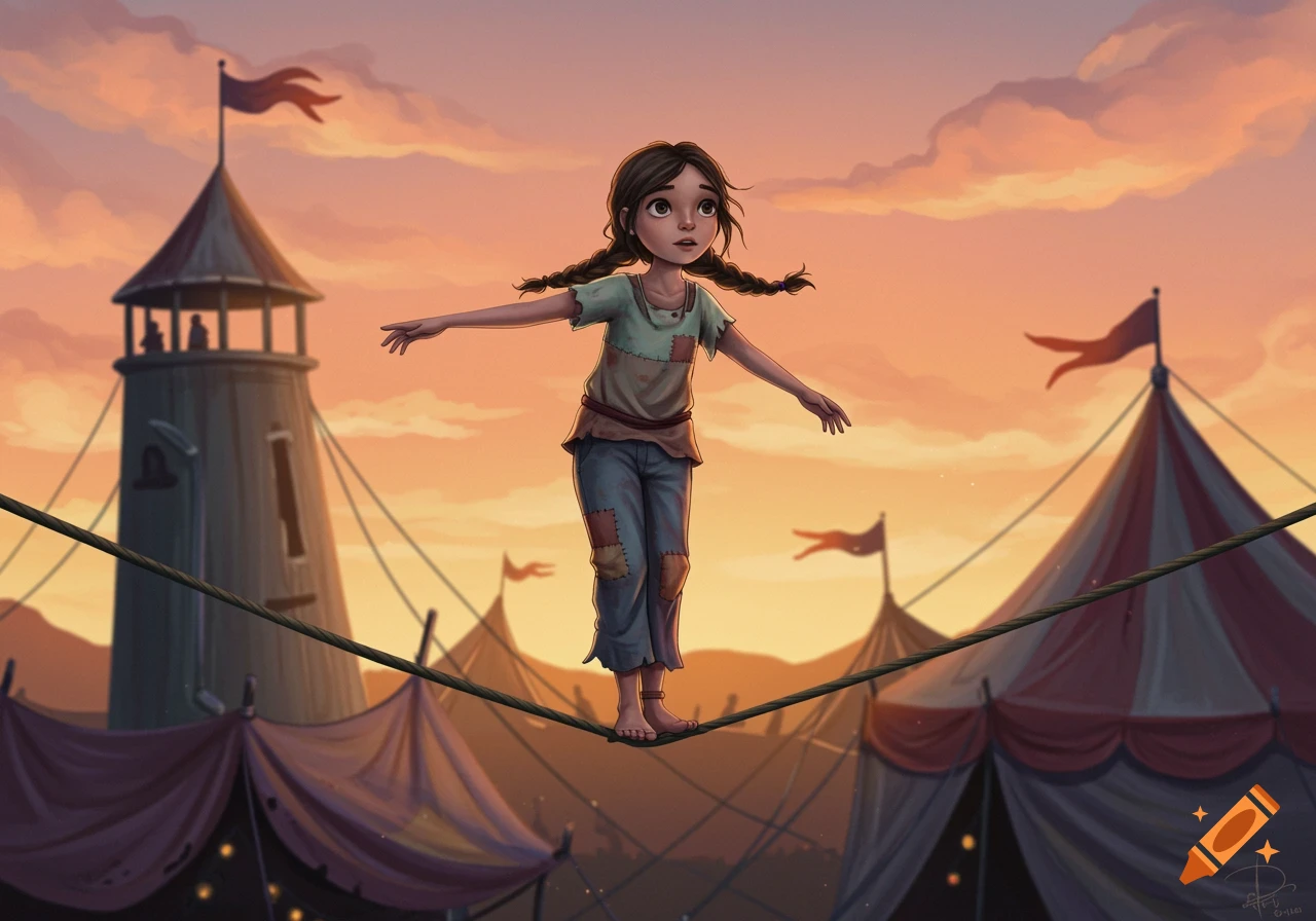 A young girl balancing on a high wire between circus tents at twilight.