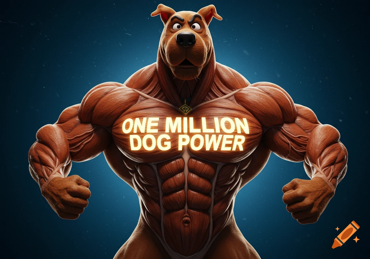 Muscular Scooby Doo posing with 'ONE MILLION DOG POWER' text on his chest.