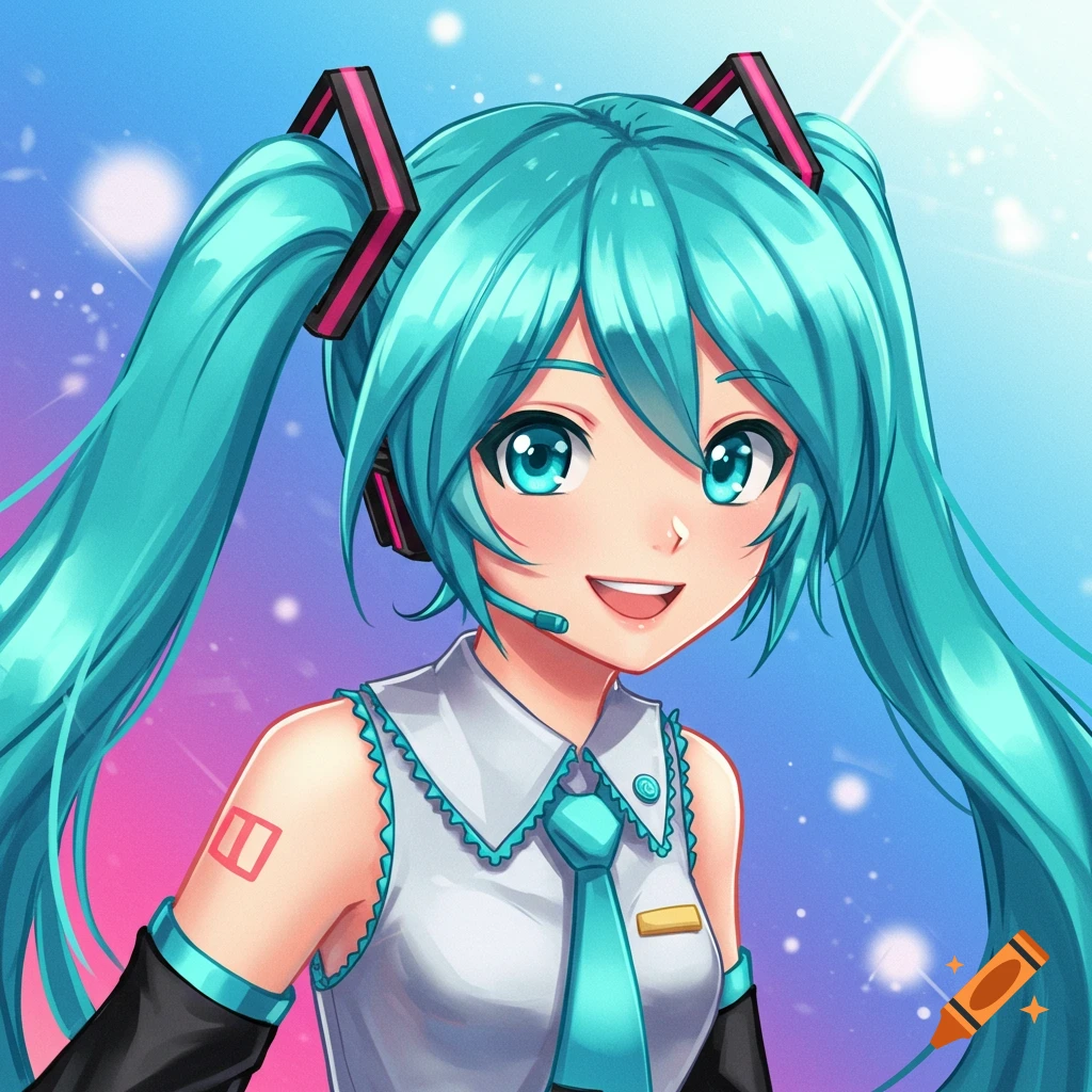Close-up portrait of Hatsune Miku with turquoise pigtails and blue eyes.