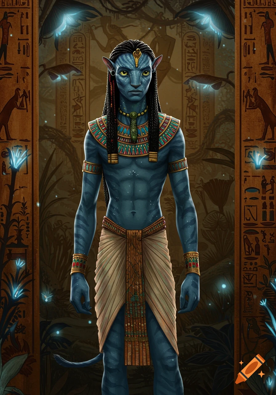 An Avatar Na'vi character wearing ancient Egyptian attire in a temple setting.