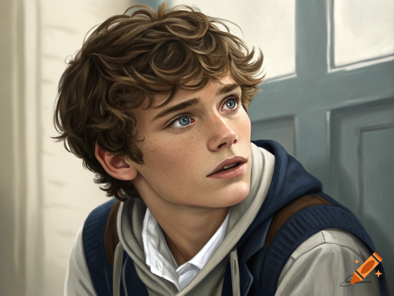 A young person with curly brown hair and blue eyes looking up.