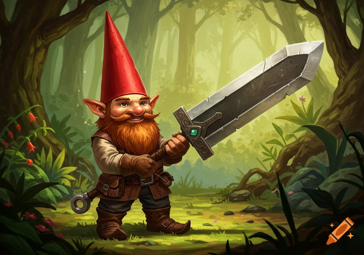 A smiling gnome with a red hat and beard stands in a forest holding a large great sword.
