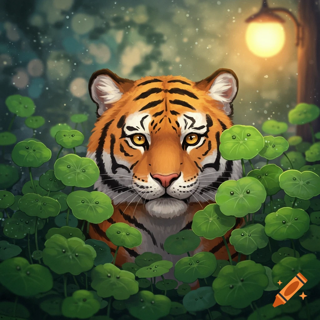 A cute tiger peeking through large green clover-like leaves.