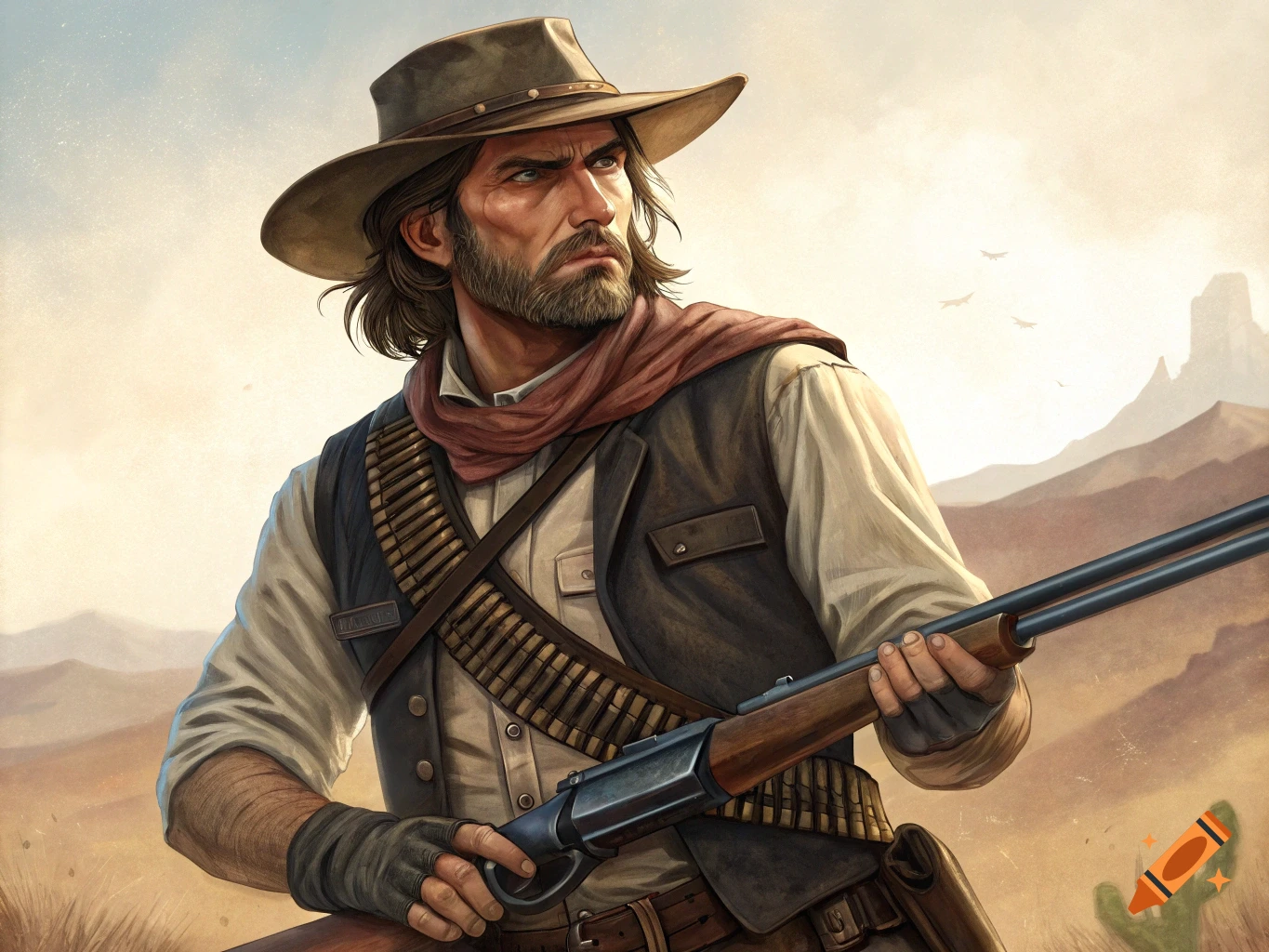 A cowboy holds a rifle in a desert landscape.