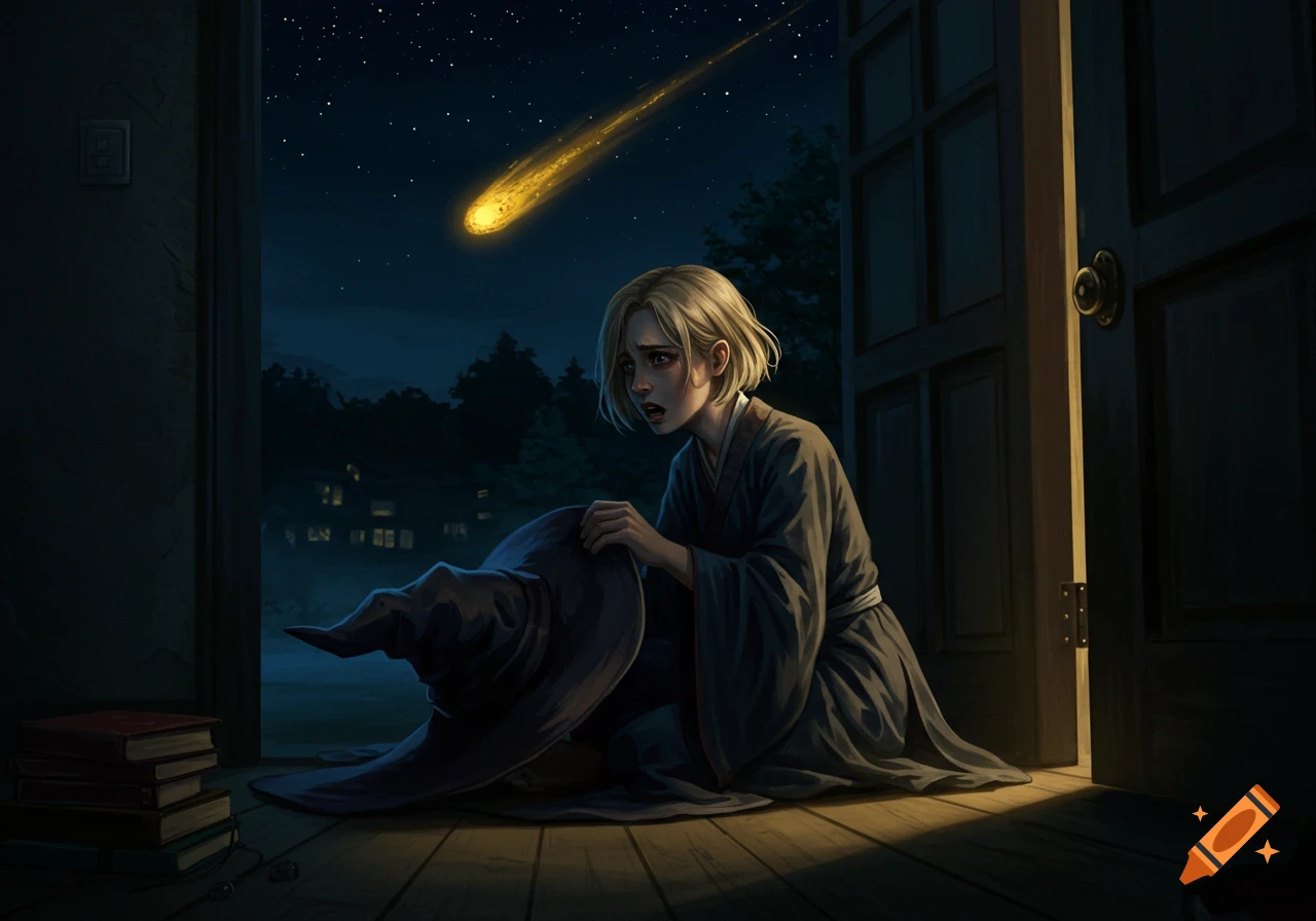 A frightened woman holding a wizard hat as a meteor streaks across the night sky.