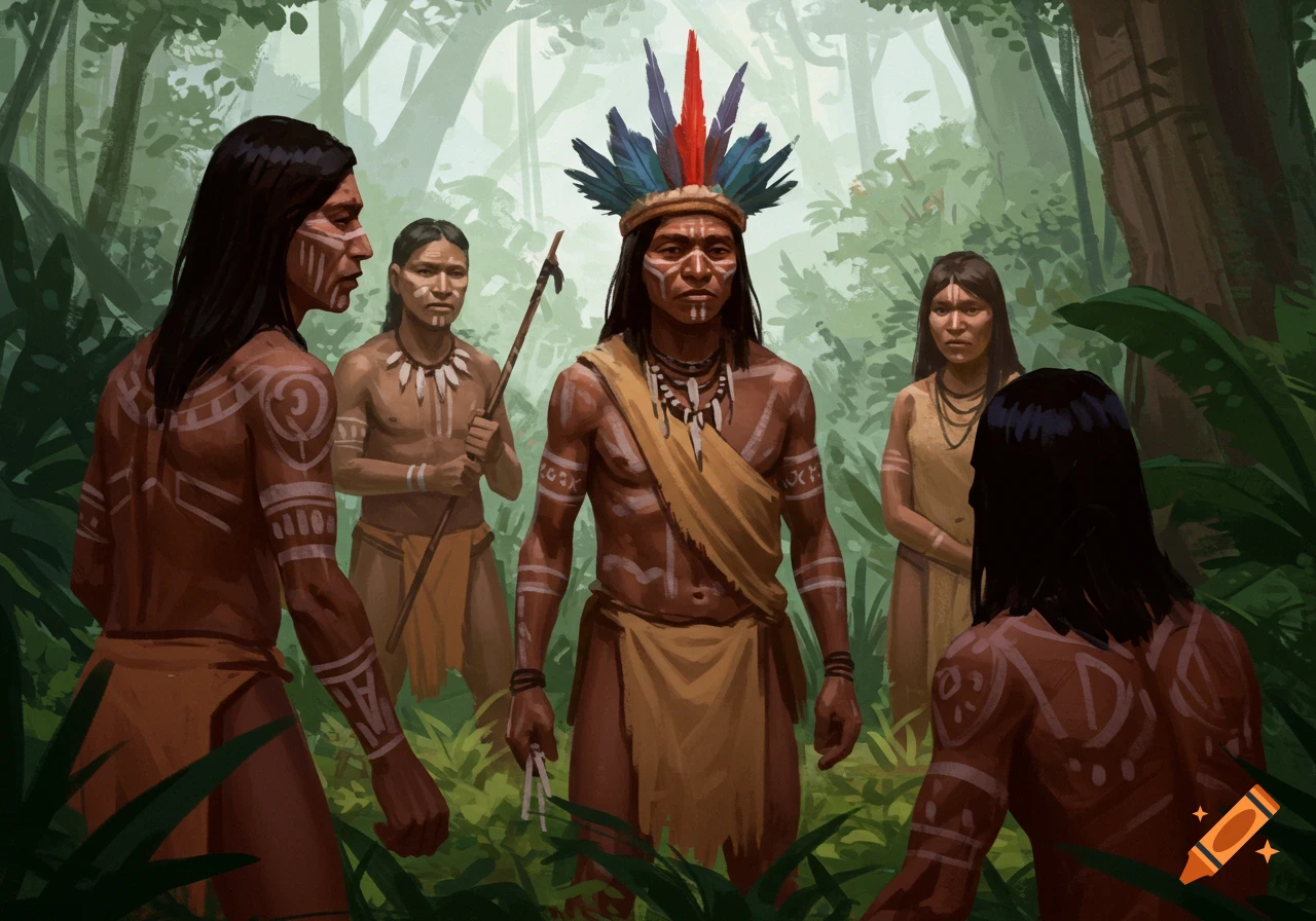 A group of people in tribal attire and body paint gather in a forest.