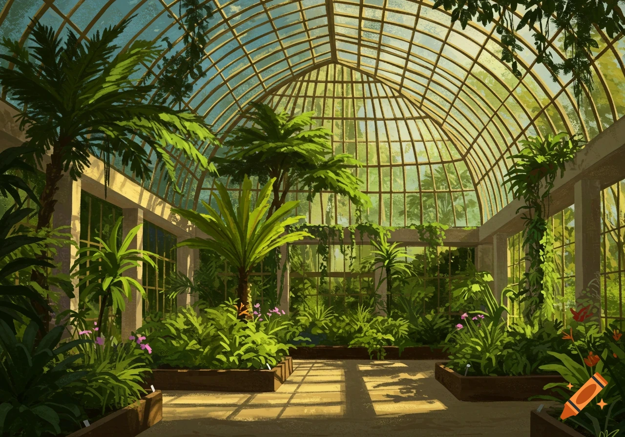 The interior of a large glass-roofed conservatory filled with lush green plants and trees is depicted.