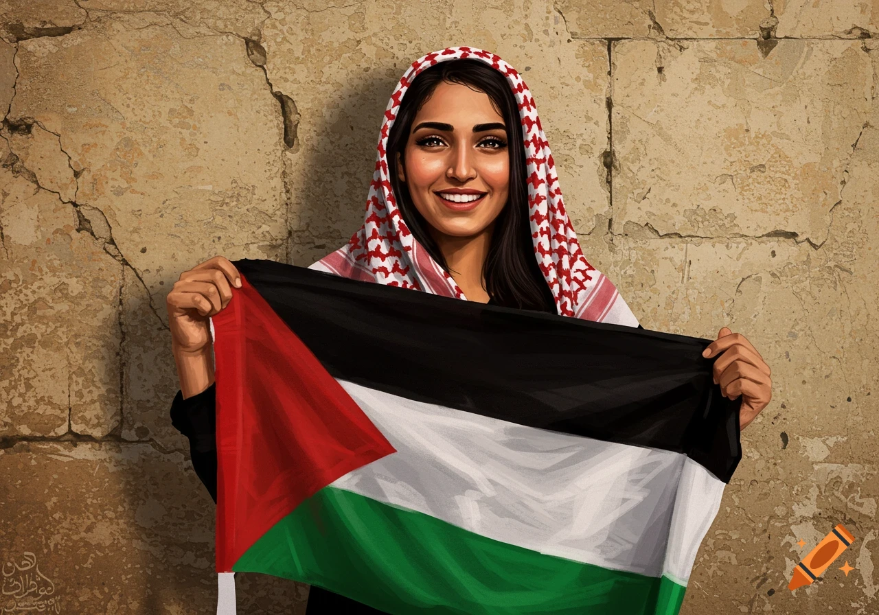 A woman wearing a keffiyeh holding a Palestinian flag against a wall.