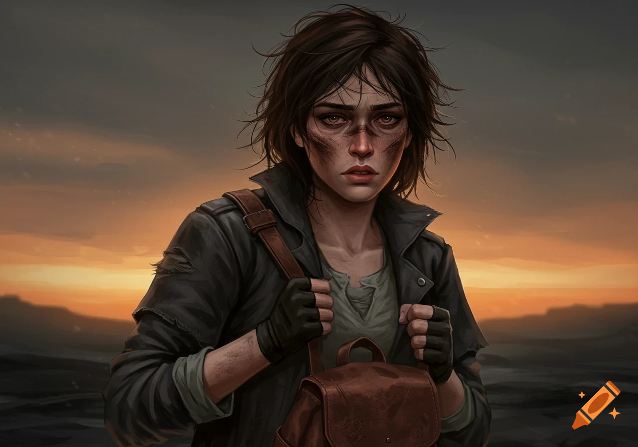 Image of a dirty, weary female survivor with a backpack against a sunset background.