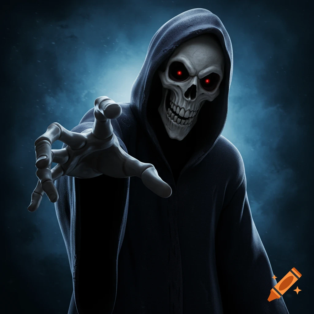 Cartoonish grim reaper reaching out with a skeletal hand.