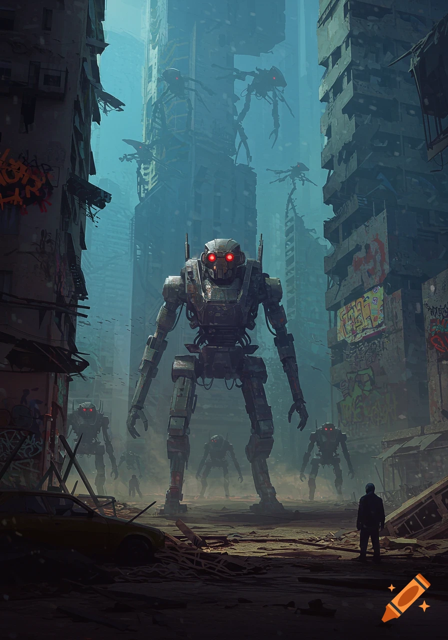 Large robots in a destroyed city with a human figure.