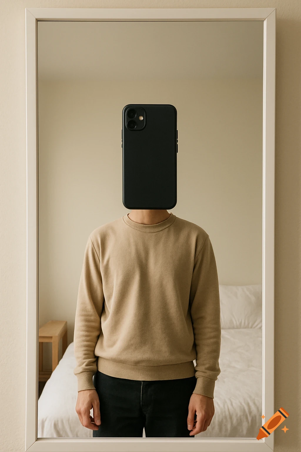 Person reflected in a mirror holds a black phone over their face, wearing a tan sweatshirt and black pants, in a bedroom.