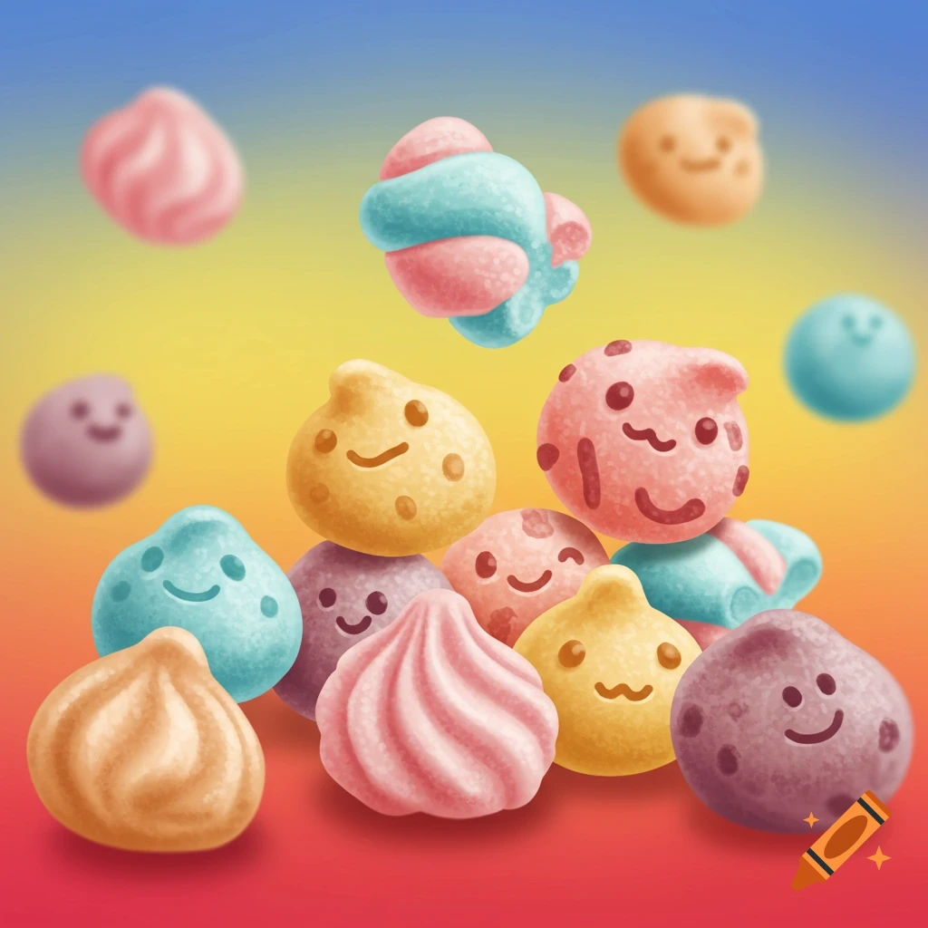A pile of colorful candy shapes with smiley faces