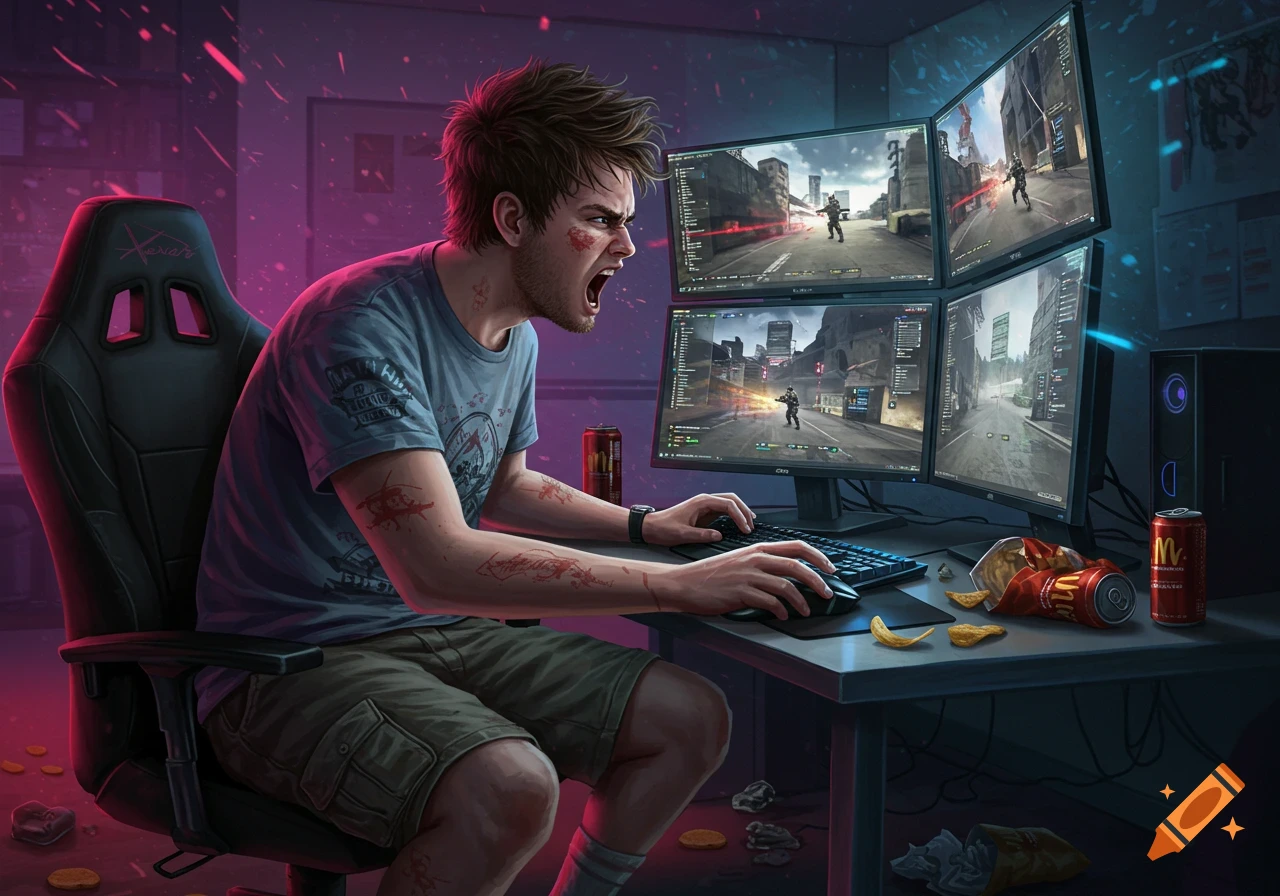 A gamer playing on multiple screens in a room.