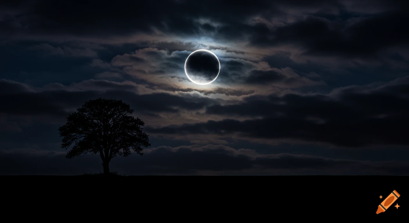 A silhouetted tree under an annular eclipse in a dark, cloudy night sky over a field.
