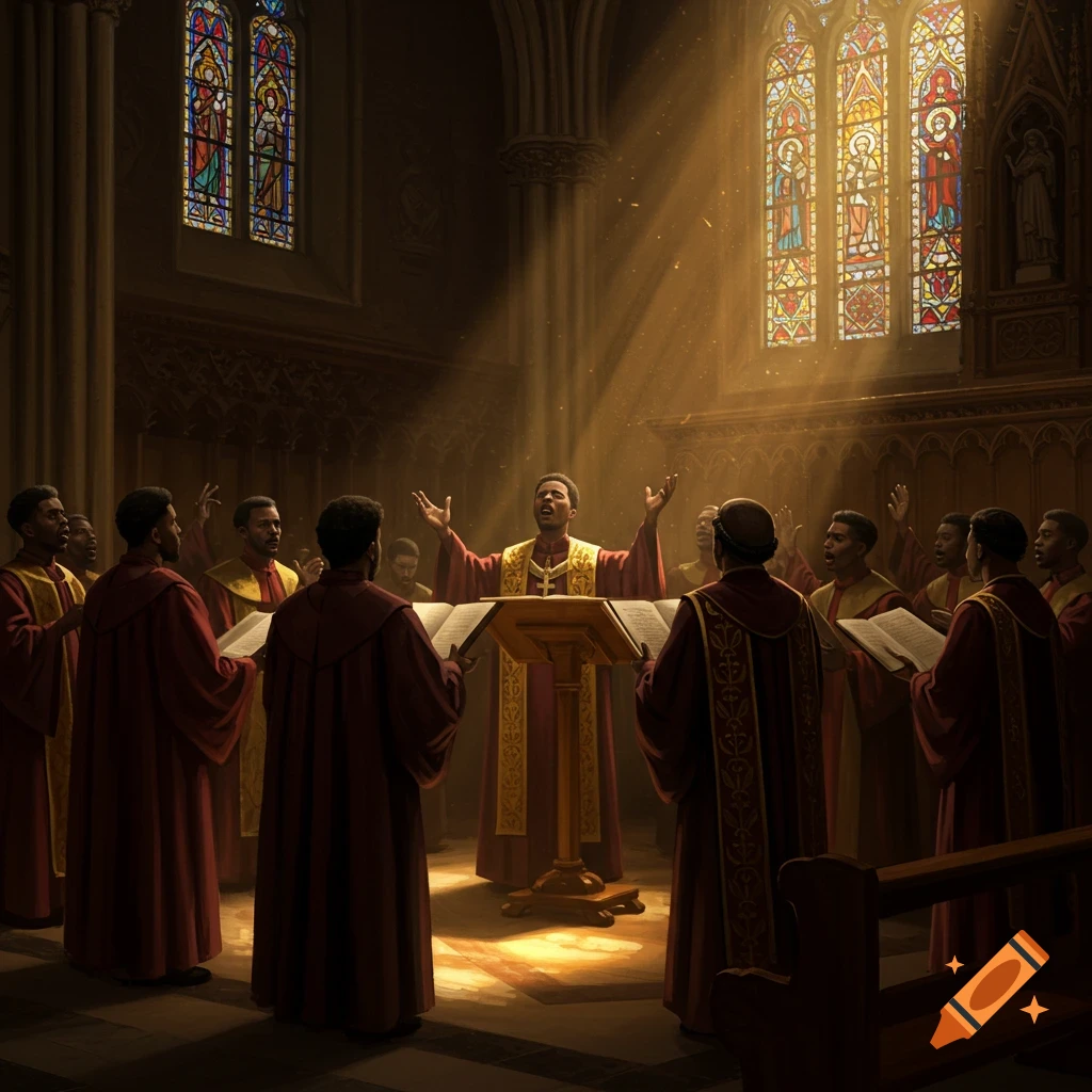 A Black choir singing in a sunlit church with stained glass windows.