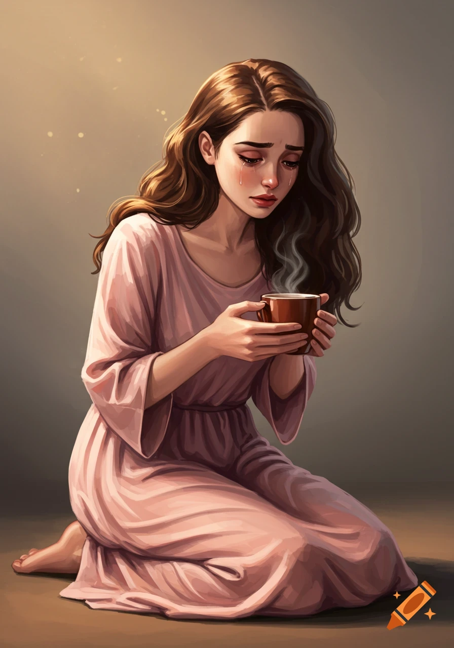 A crying woman in a pink dress kneels while holding a steaming cup.