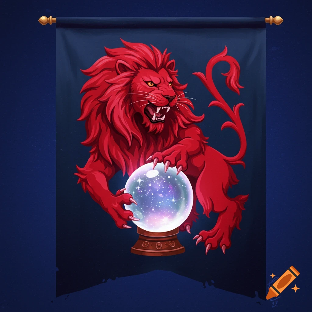 A red lion holding a sparkling crystal ball on a dark blue banner.