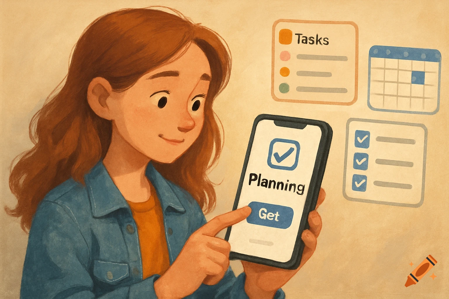 Illustration of a girl looking at a planning app on her phone, with task and calendar icons in the background.