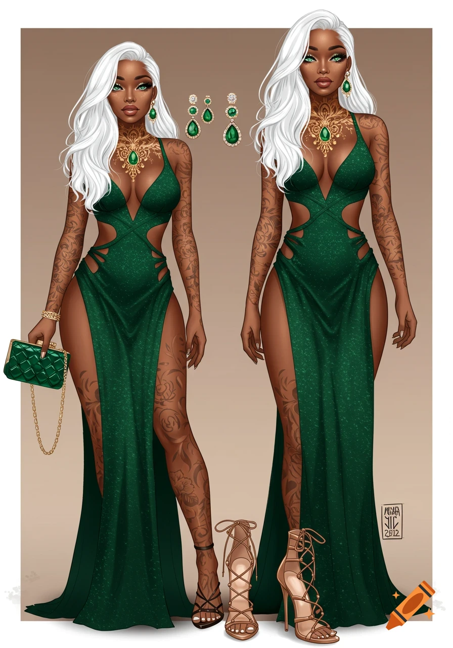 A stylish illustration of a woman in a green cut-out gown with tattoos and accessories.