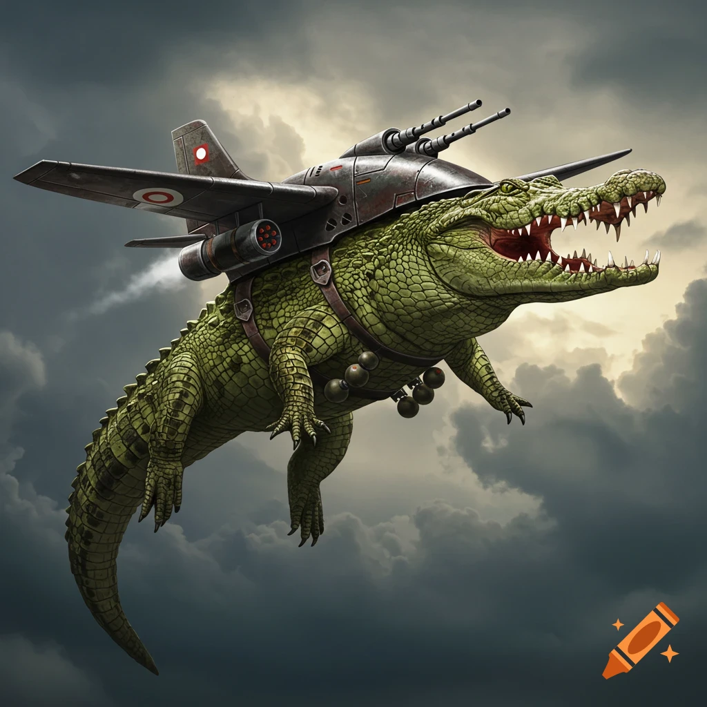 A large green crocodile flying in a cloudy sky with a jet plane strapped to its back.