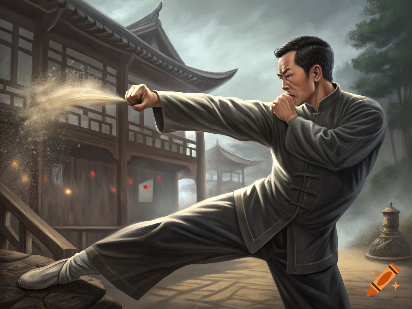 Man performing a martial arts strike, sending dust flying, in front of a traditional Asian building.