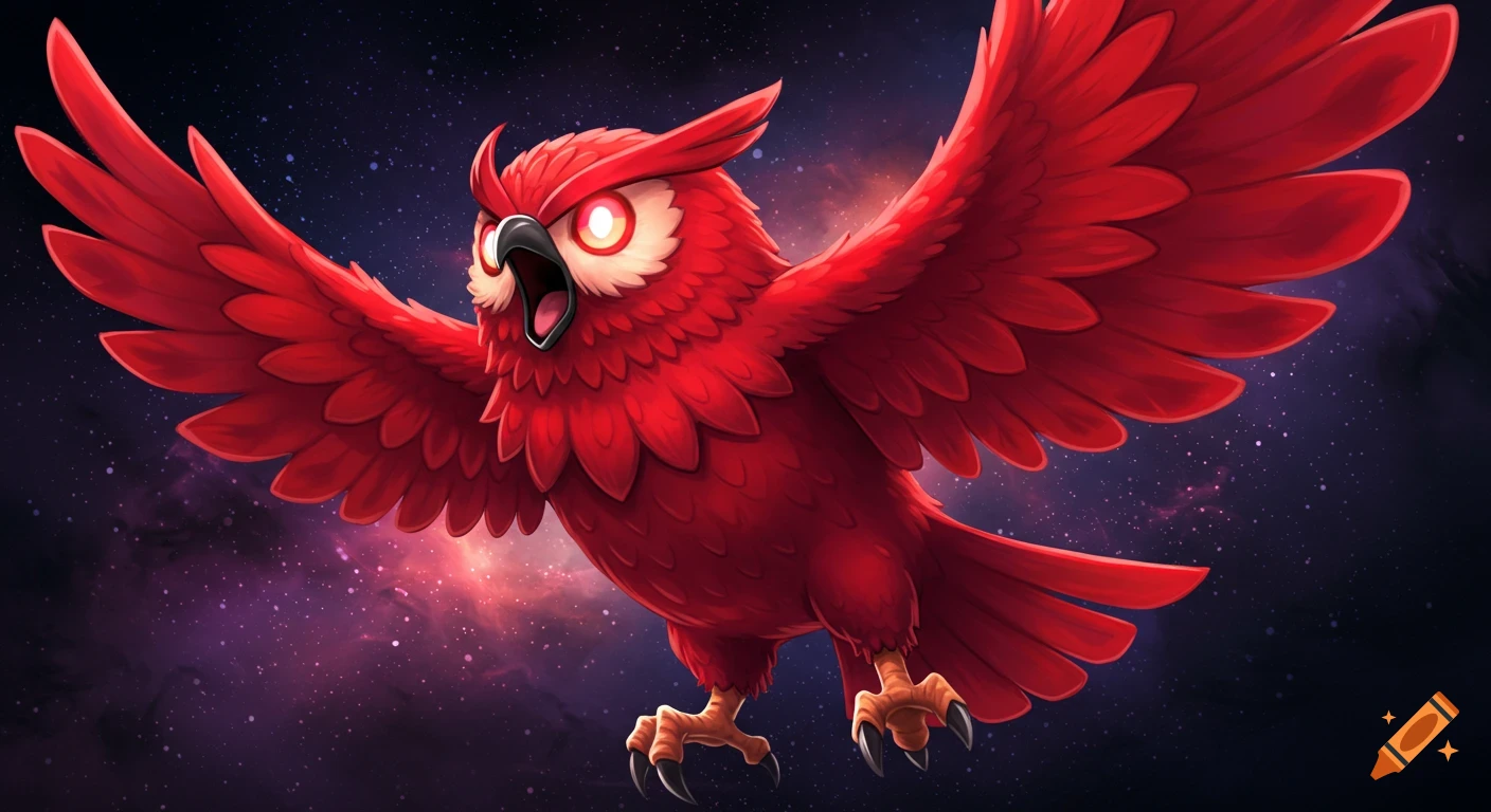 A vibrant red owl with wings spread wide flies through a starry purple and pink nebula background.
