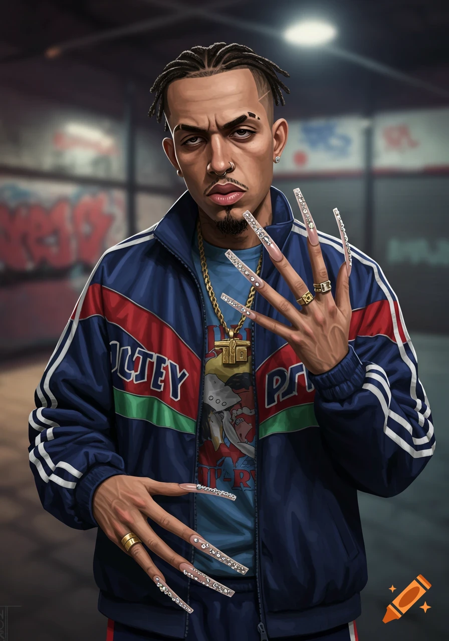 A man with long crystal nails, wearing a tracksuit and gold chain, stands in front of graffiti.