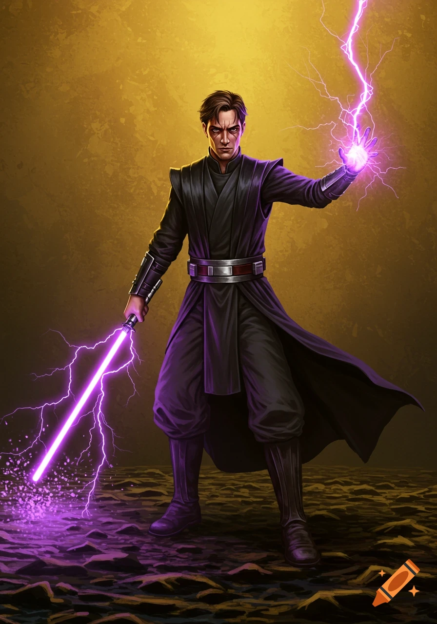 A man in dark robes is holding a purple lightsaber and using purple force lightning.