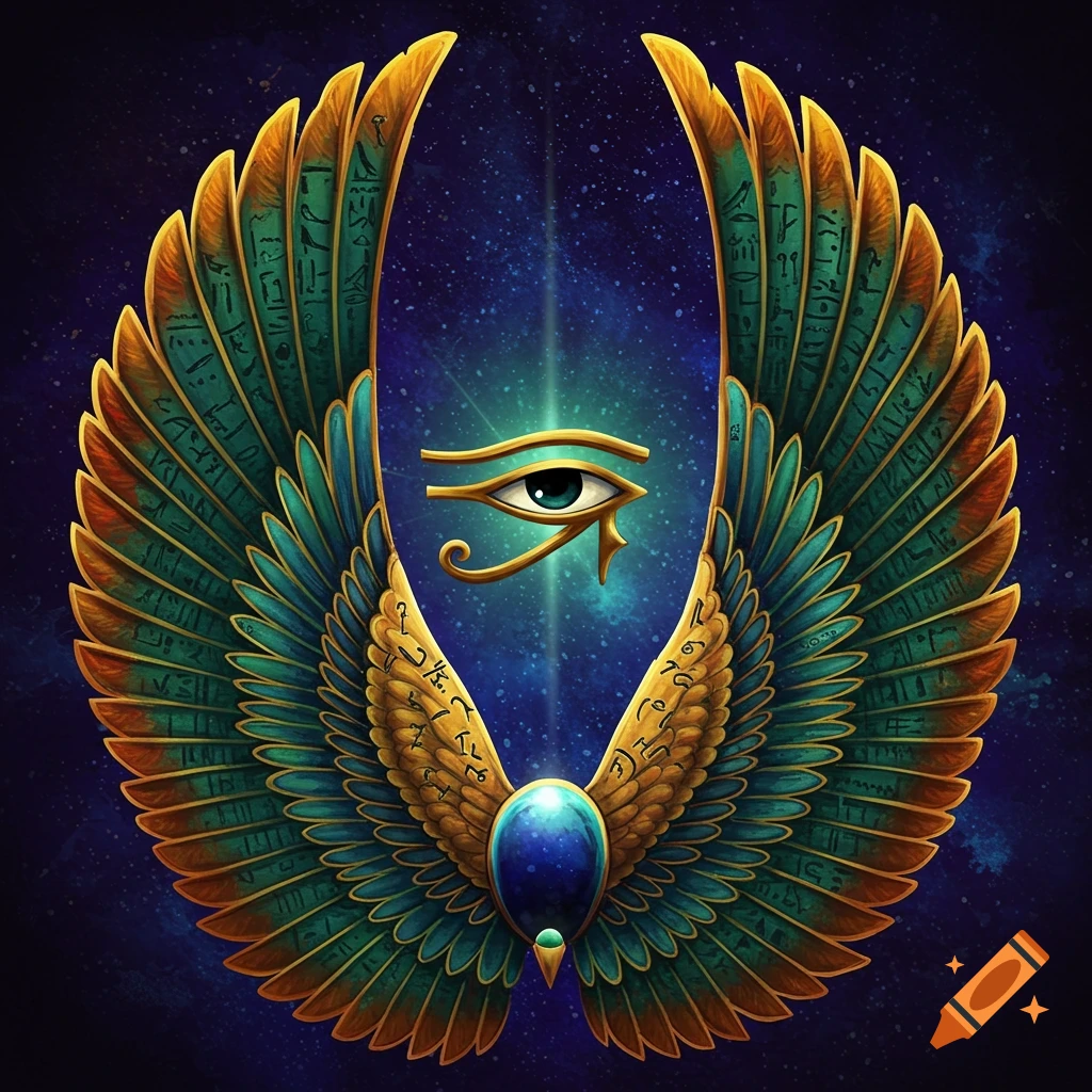 A winged Eye of Horus is depicted against a starry space background