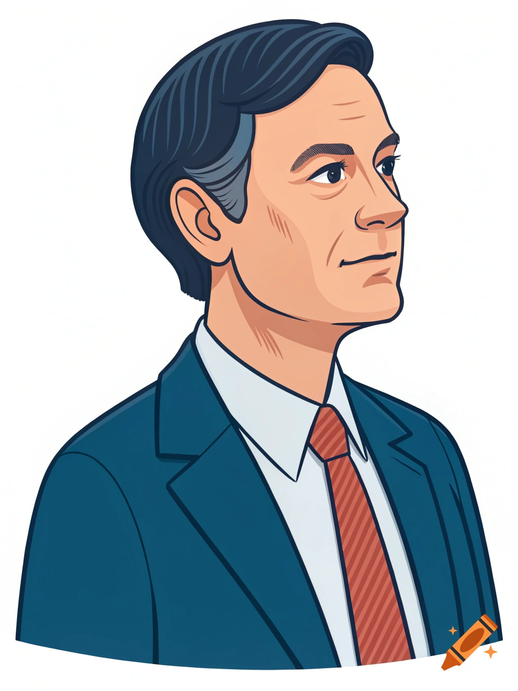 A vector illustration of a man in a blue suit and red tie looking right.