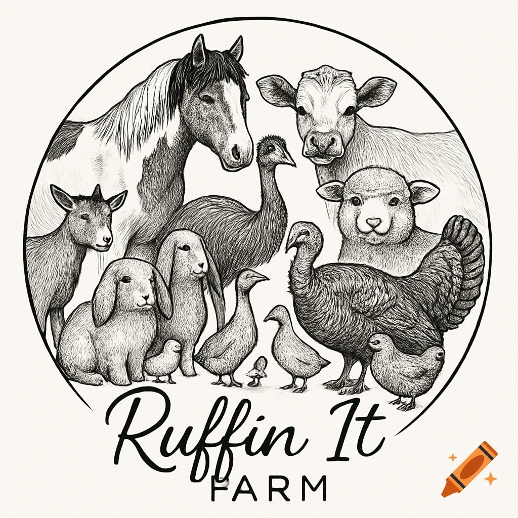 Black and white line drawing of farm animals including horse, cow, sheep, goats, rabbits, emu, turkey, ducks, chickens inside a circle, with text below.