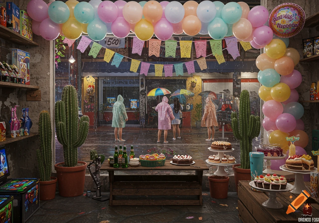 Photorealistic view from inside a party-decorated store looking out at people walking in the rain on a street.