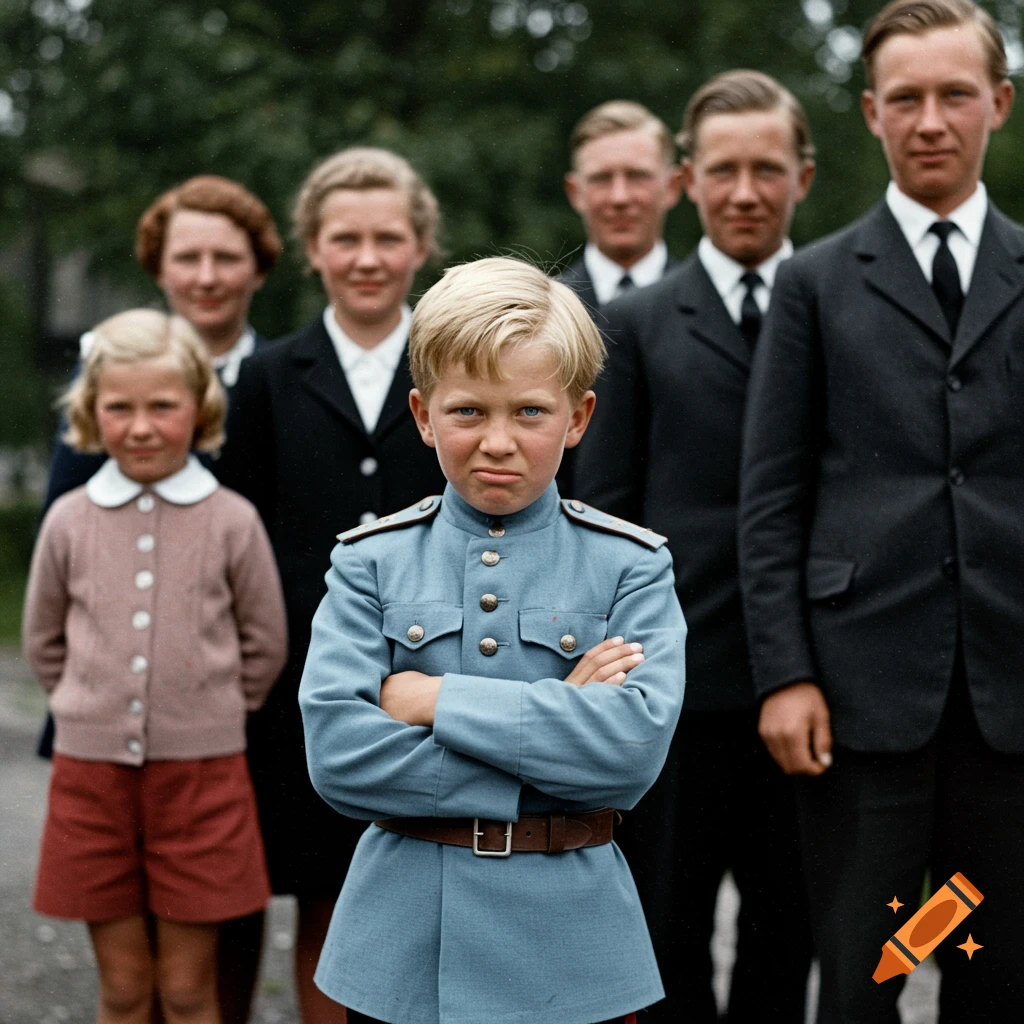 Vintage color photo of a boy in a blue uniform with arms crossed, standing with his family.