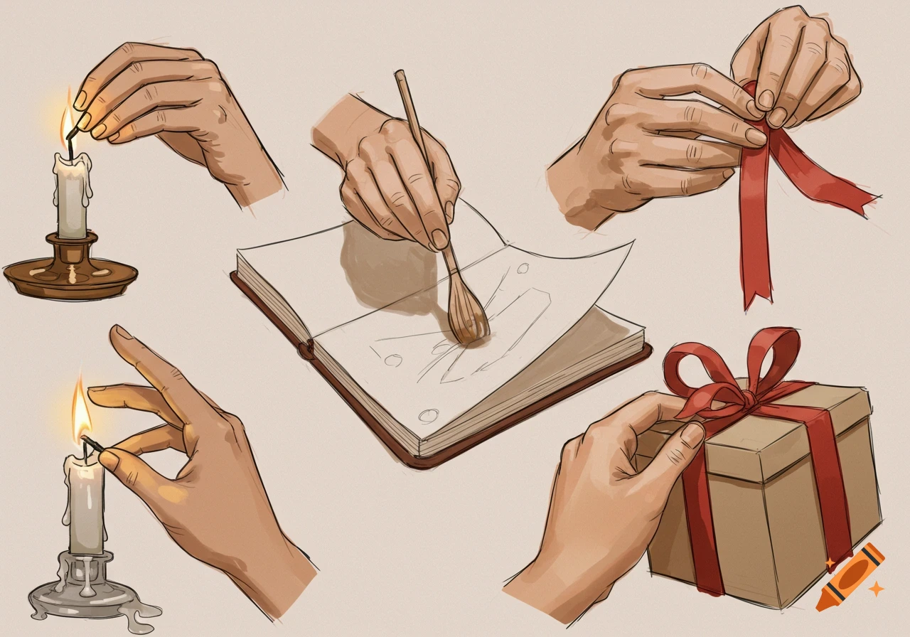 Digital sketch illustration showing hands lighting a candle, drawing in a book, and tying a ribbon on a gift.