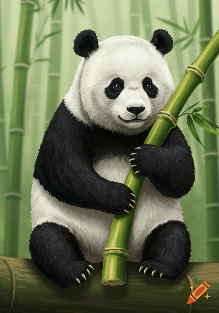 A panda sitting and holding a large bamboo stalk in a bamboo forest.