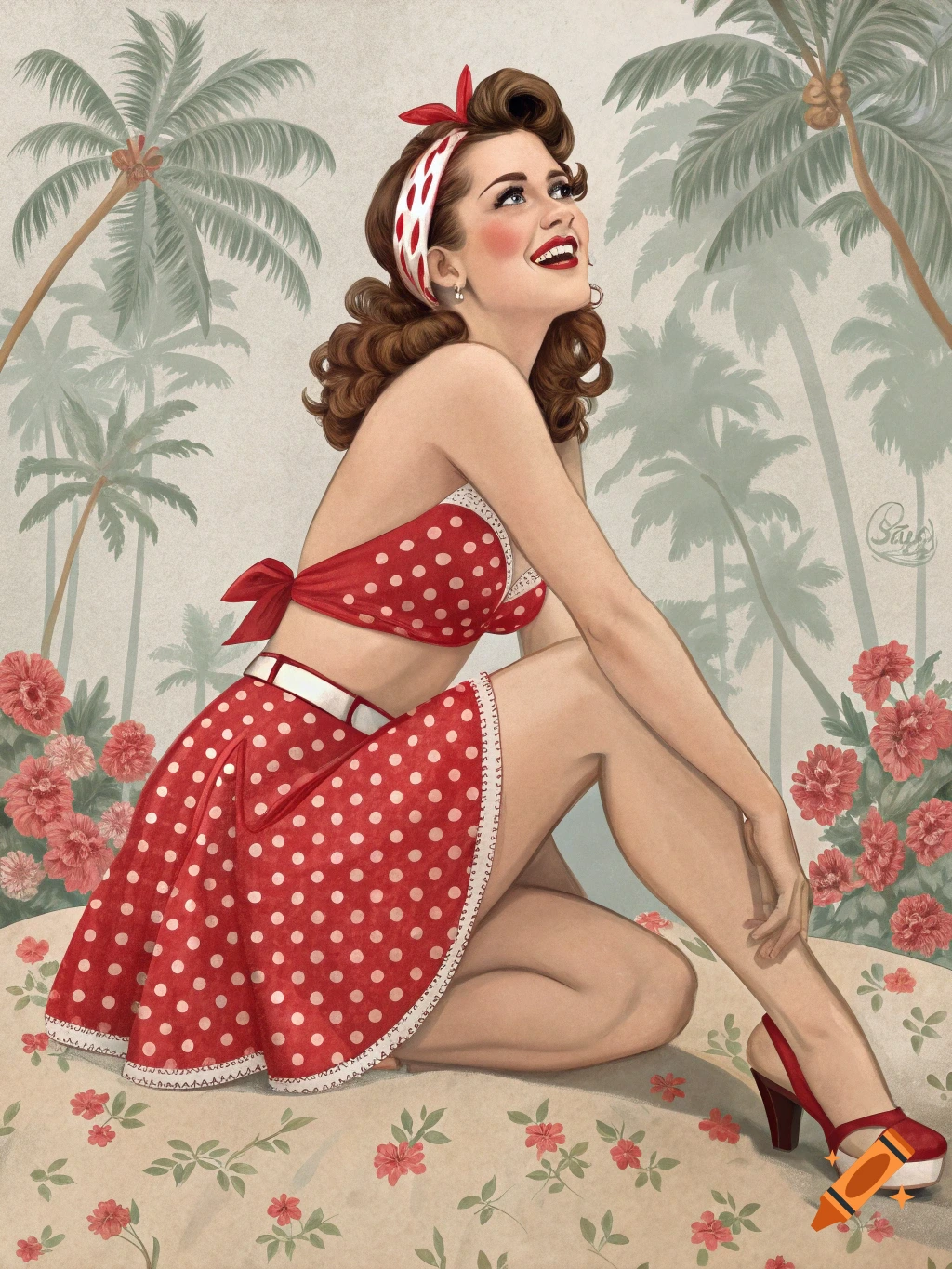 Pinup illustration of a woman in a red polka dot swimsuit sitting in a tropical setting with palm trees and flowers.