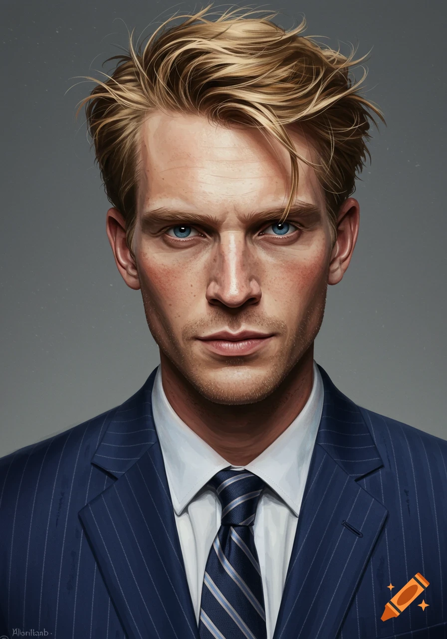 Painting of a man with blond hair in a blue pinstripe suit.