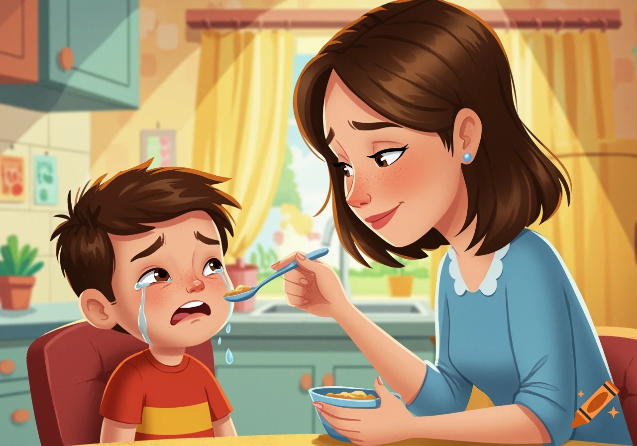 Cartoon illustration of a mother feeding her crying son in a kitchen.