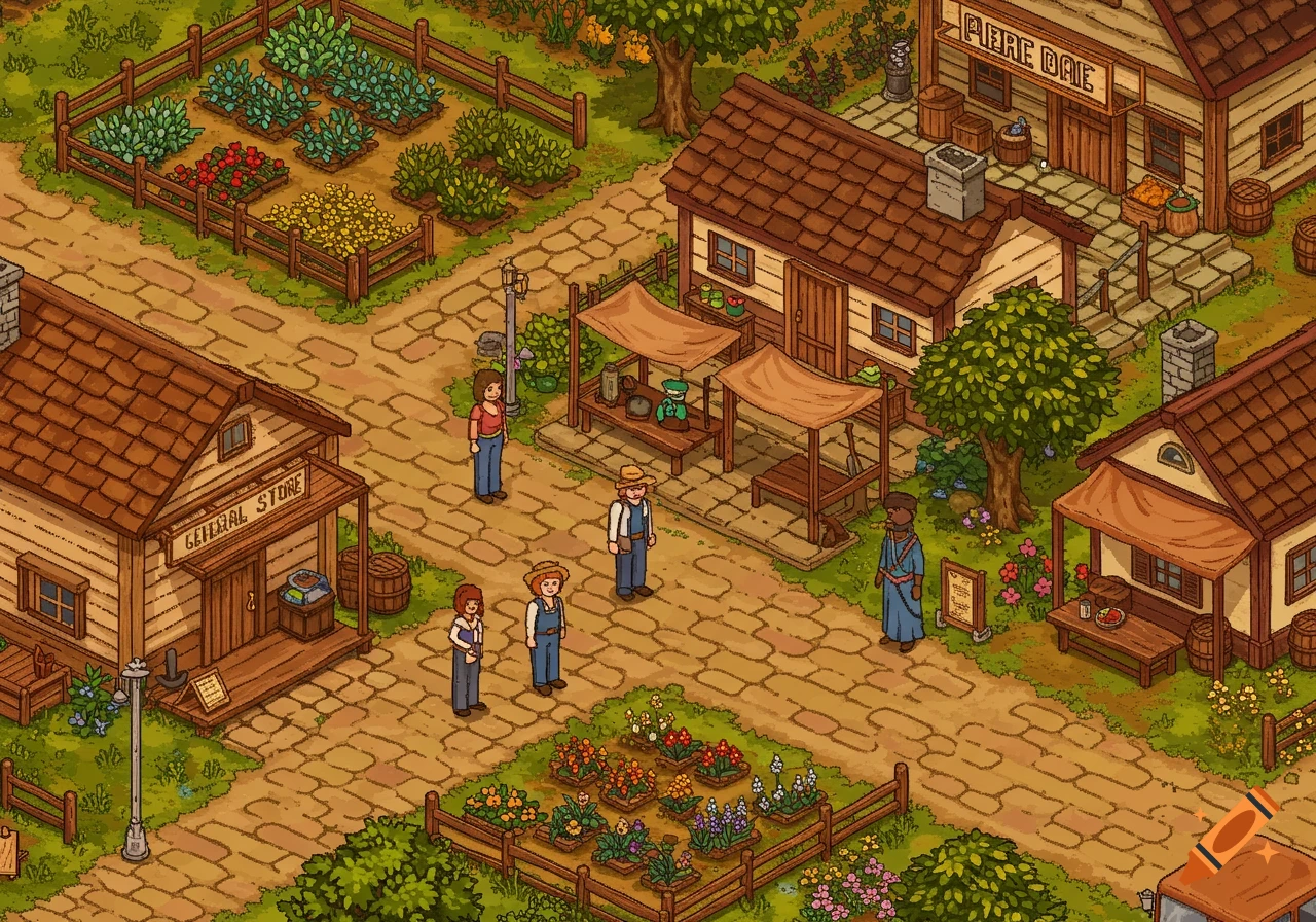 Isometric pixel art village scene with gardens, shops, characters, and paths