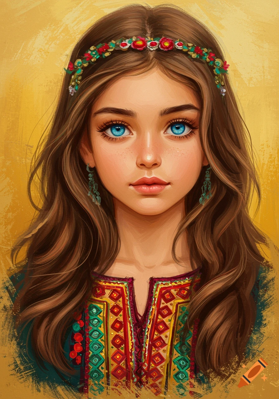 Portrait of a girl with blue eyes and brown hair wearing a patterned dress and floral headband.