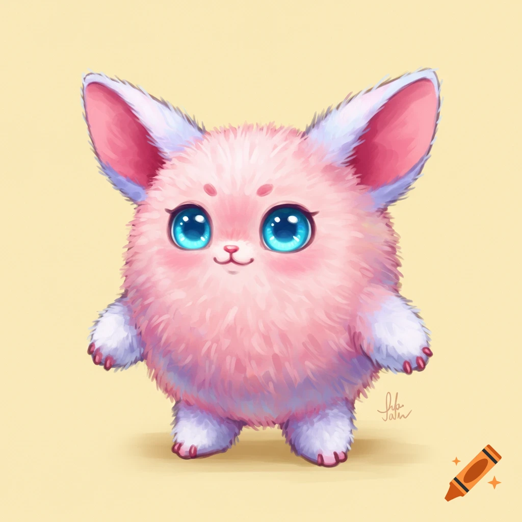 A cute, pink fluffy creature with big blue eyes stands on a yellow background.