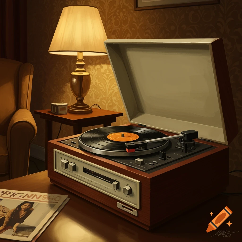 A record player, lamp, and magazine in a room.