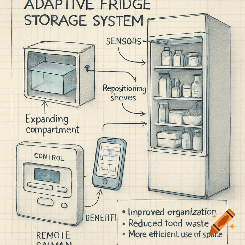 Sketch diagram showing an adaptive fridge storage system with expanding compartment, sensors, repositioning shelves, control panel, and app control, with benefit points listed.