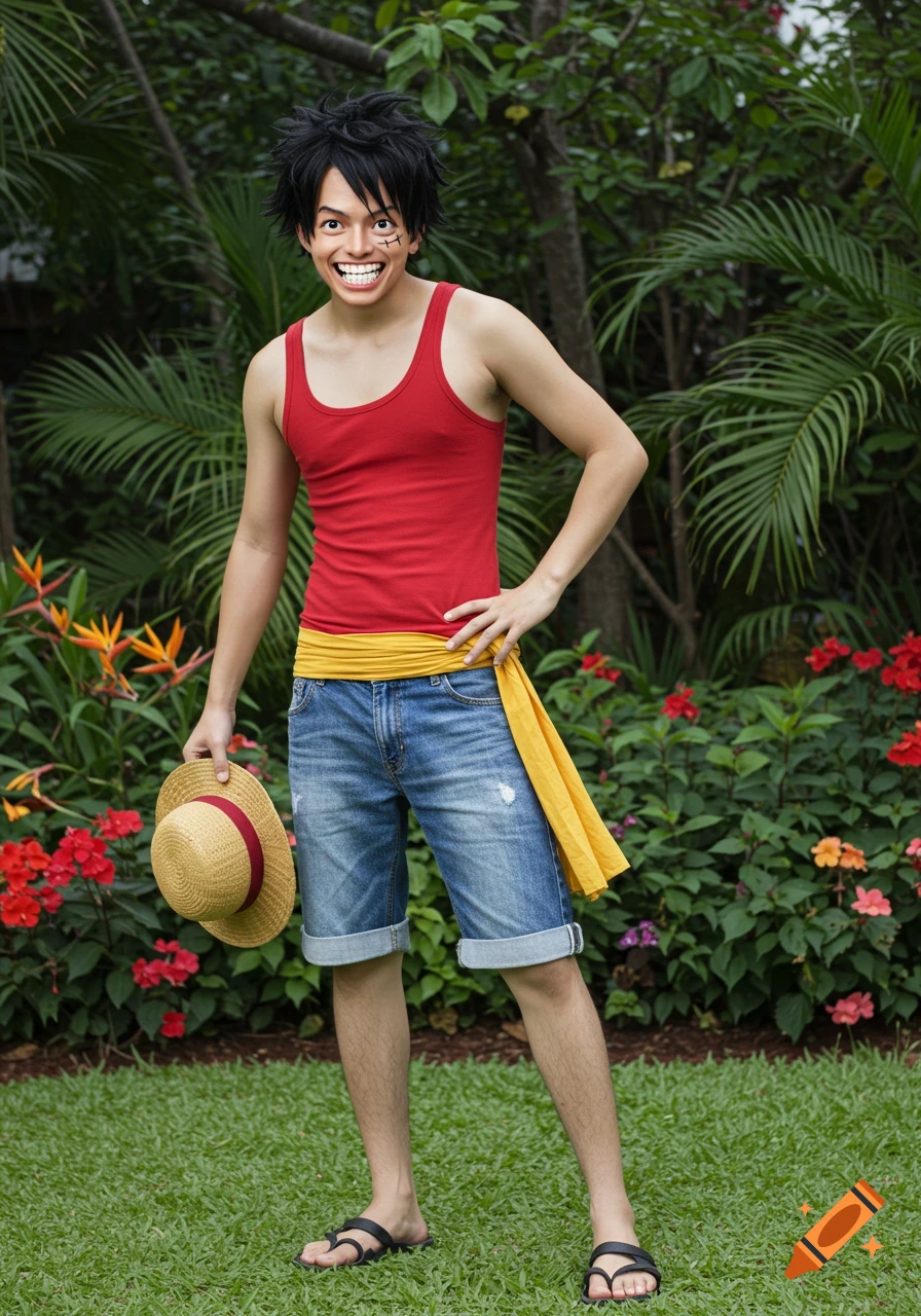 Person dressed as Luffy from One Piece stands in a garden holding a straw hat.
